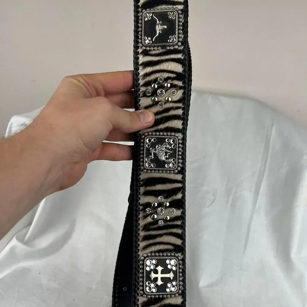 Nocona Wide Zebra Print Western Belt Black With Silver Studs